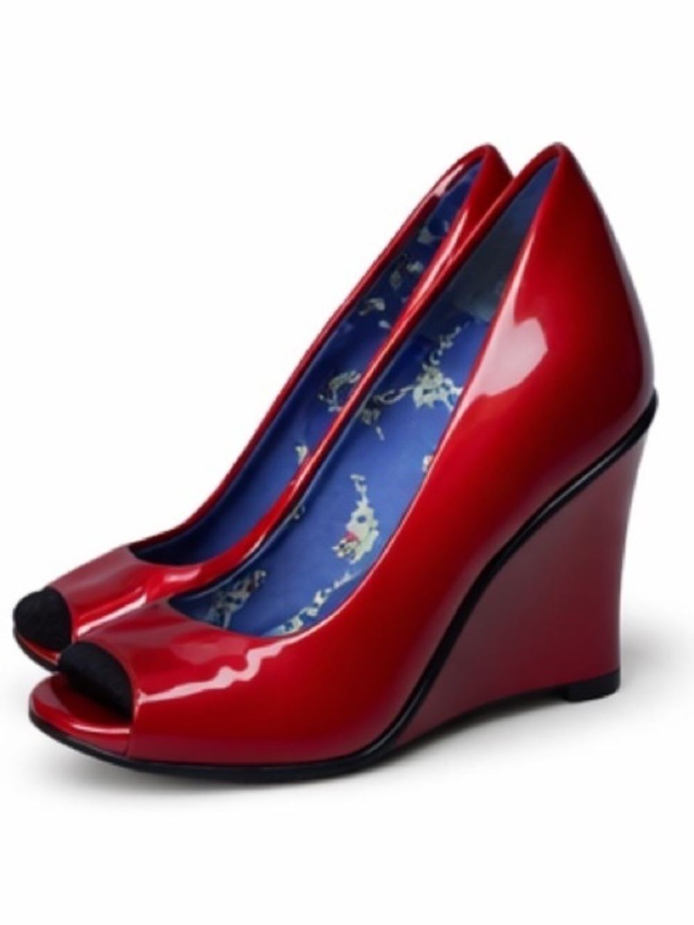 Stuart Weitzman Red Patent Peep Toe Wedge Heels Size 5.5 M  Dalmatian Lining